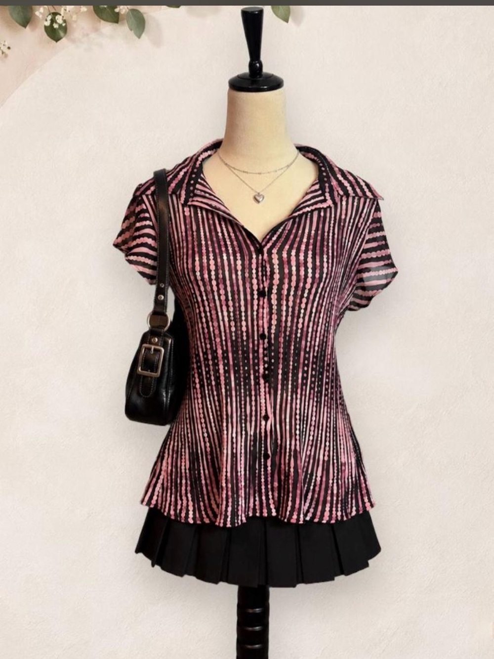 Dressbarn XL Black Pink Striped Button Front Blouse Collared Retro Office Siren